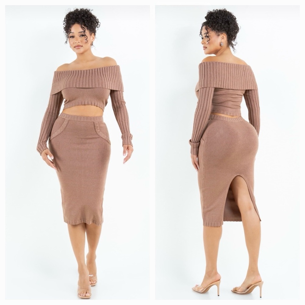 Hera Collection Tan Knit Midi Skirt Set